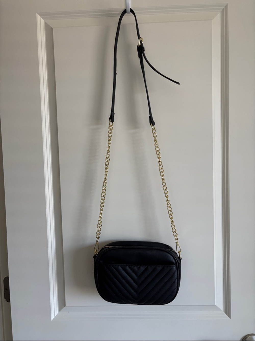 Black Quilted Crossbody Bag with Gold Chain Strap